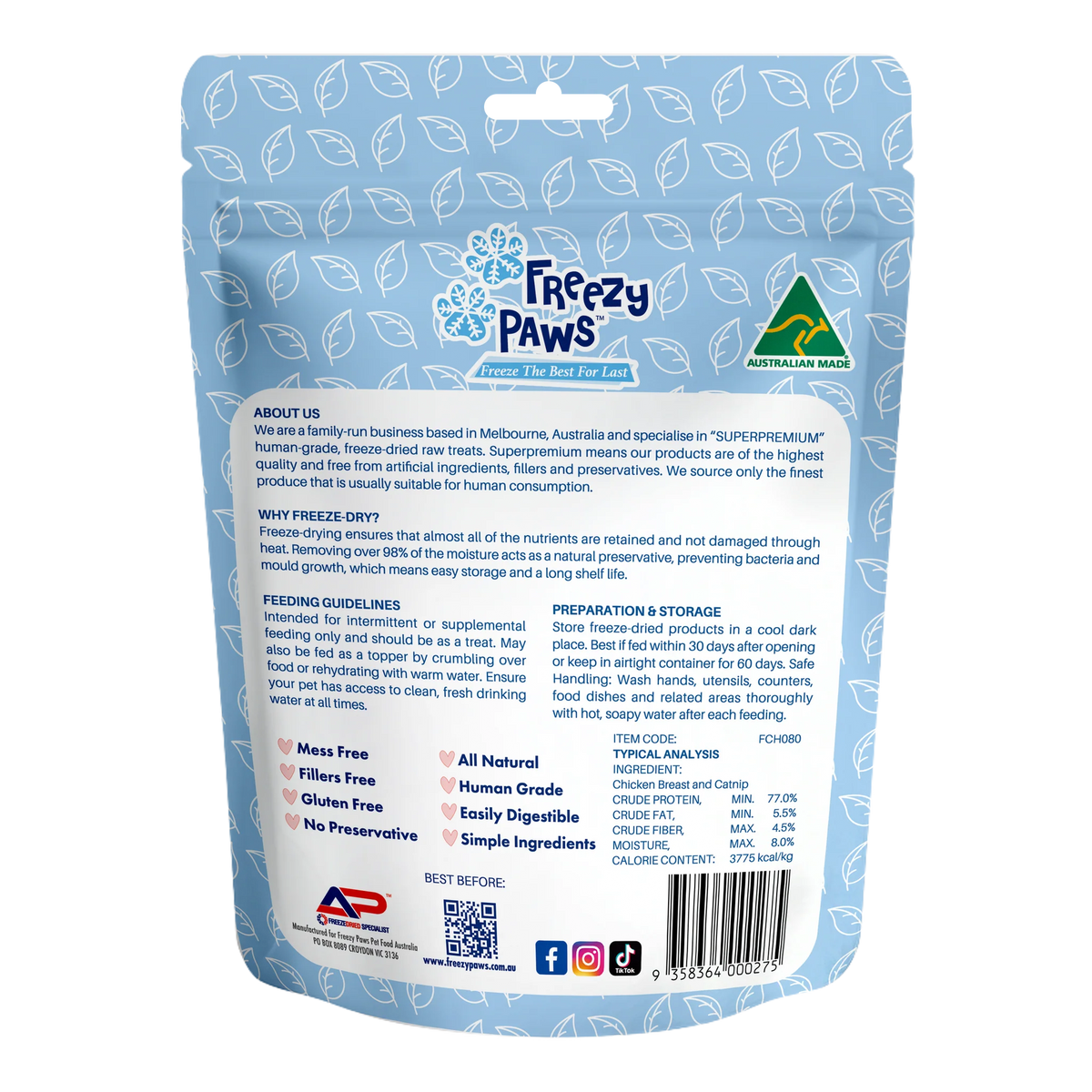 FREEZY PAWS CHICKEN BREAST W CATNIP TRAINING TREATS 80G