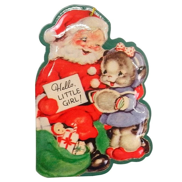 Metal Christmas Post Card - Santa with Cat