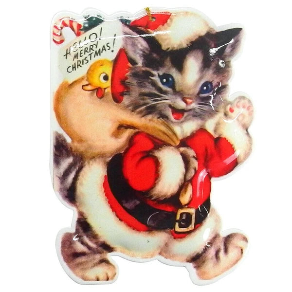 Metal Christmas Post Card -Santa Cat