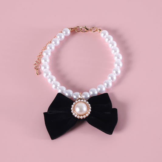 Cat Artificial Pearl and Ribbon Necklace