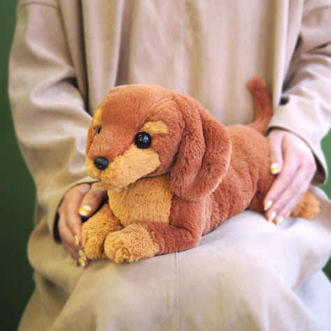 LYING DOG STUFFED TOY SMALL MINIATURE DACHSHUND BROWN