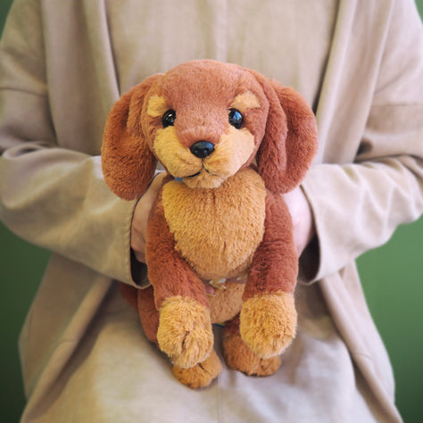 LYING DOG STUFFED TOY SMALL MINIATURE DACHSHUND BROWN