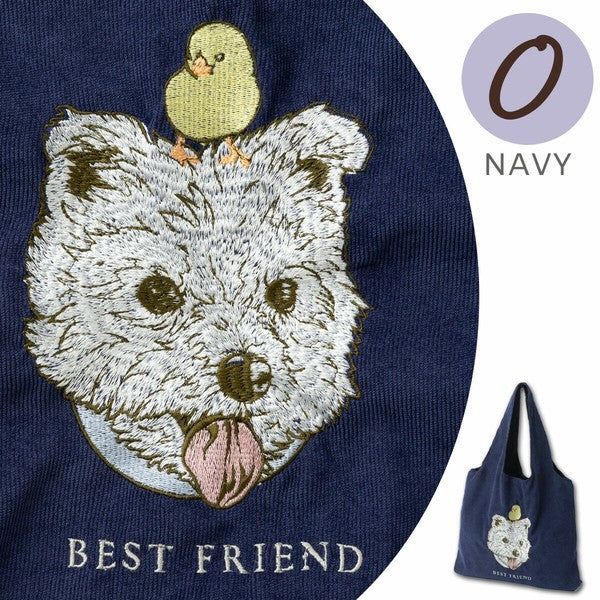 Jubilee Dog Embroidery Tote Bag Corduroy Eco Bag Dog Chick Pet O. Navy