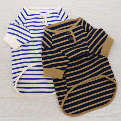 [Japanese-Made Dog Wear] 100% Cotton Striped Henley Neck Top