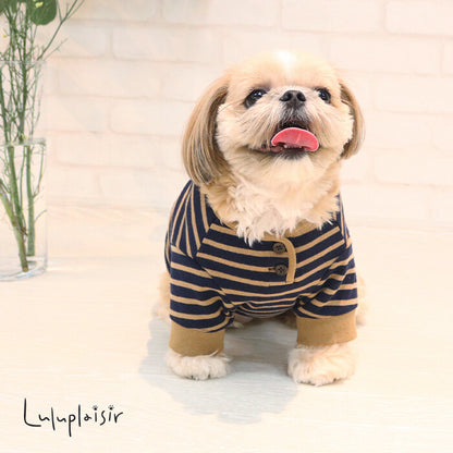 [Japanese-Made Dog Wear] 100% Cotton Striped Henley Neck Top