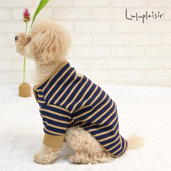 [Japanese-Made Dog Wear] 100% Cotton Striped Henley Neck Top