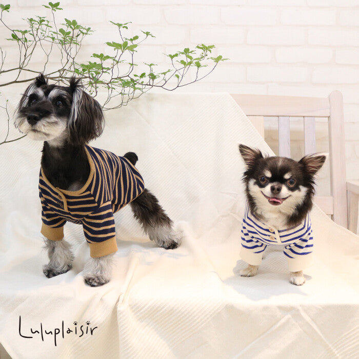 [Japanese-Made Dog Wear] 100% Cotton Striped Henley Neck Top