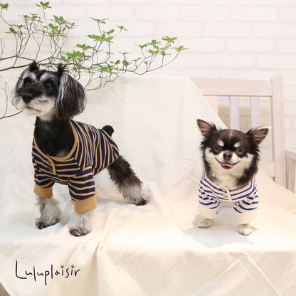 [Japanese-Made Dog Wear] 100% Cotton Striped Henley Neck Top