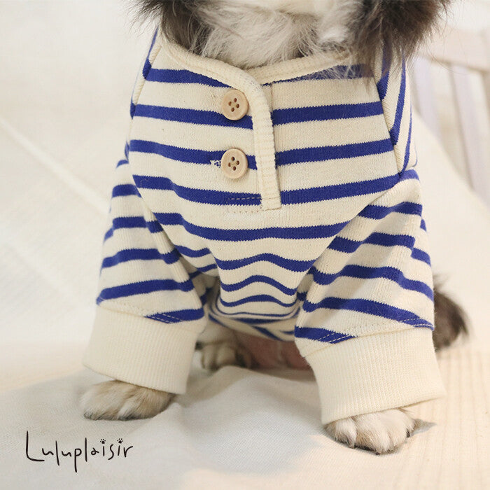 [Japanese-Made Dog Wear] 100% Cotton Striped Henley Neck Top