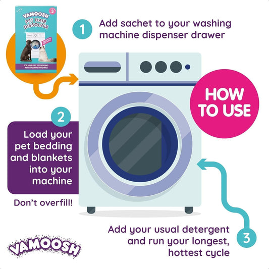 Vamoosh Pet Hair Remover for Washing Machines - 3 X 100g (3 Washes) - Pet Hair Dissolver for Dog and Cat Hair Removal