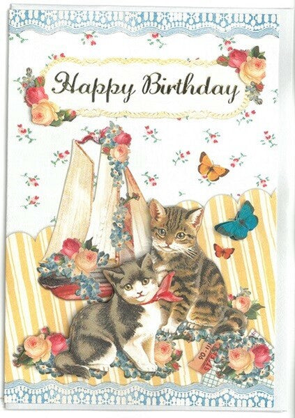 Foil-Stamped Greeting Card Cat & Butterfly Happy Birthday