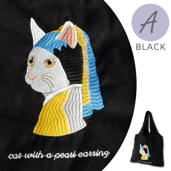 Jubilee Cat Embroidery Tote Bag Corduroy Eco Bag Cat A. Black