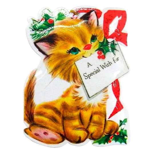 Metal Christmas Post Card -Cat with Card