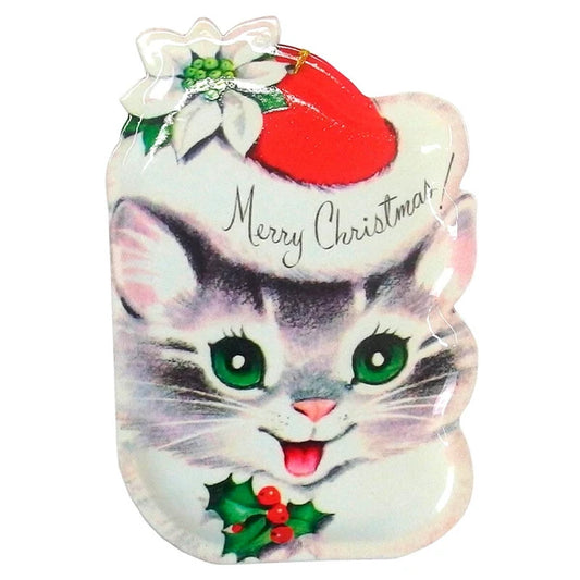 Metal Christmas Post Card - Cat with Christmas Hat