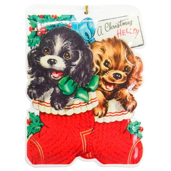 Metal Christmas Post Card -Dogs in Christmas Stocking
