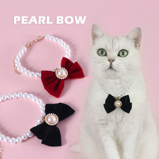 Cat Artificial Pearl and Ribbon Necklace