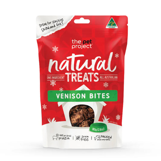 THE PET PROJECT CHRISTMAS VENISON BITES DOG TREATS 80G