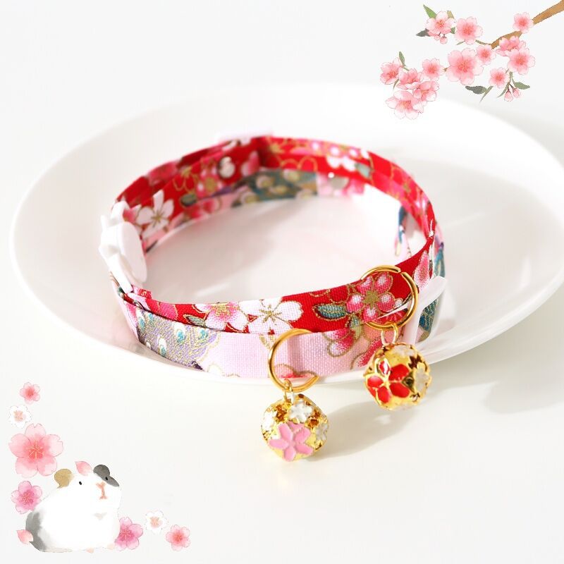 Wafu Style Cat Collar with Flower Charm Bell