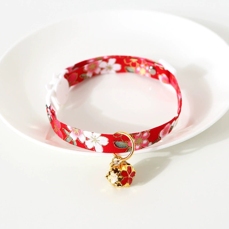 Wafu Style Cat Collar with Flower Charm Bell