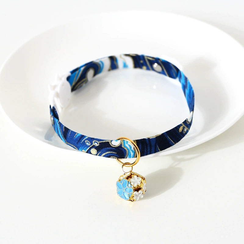 Wafu Style Cat Collar with Flower Charm Bell