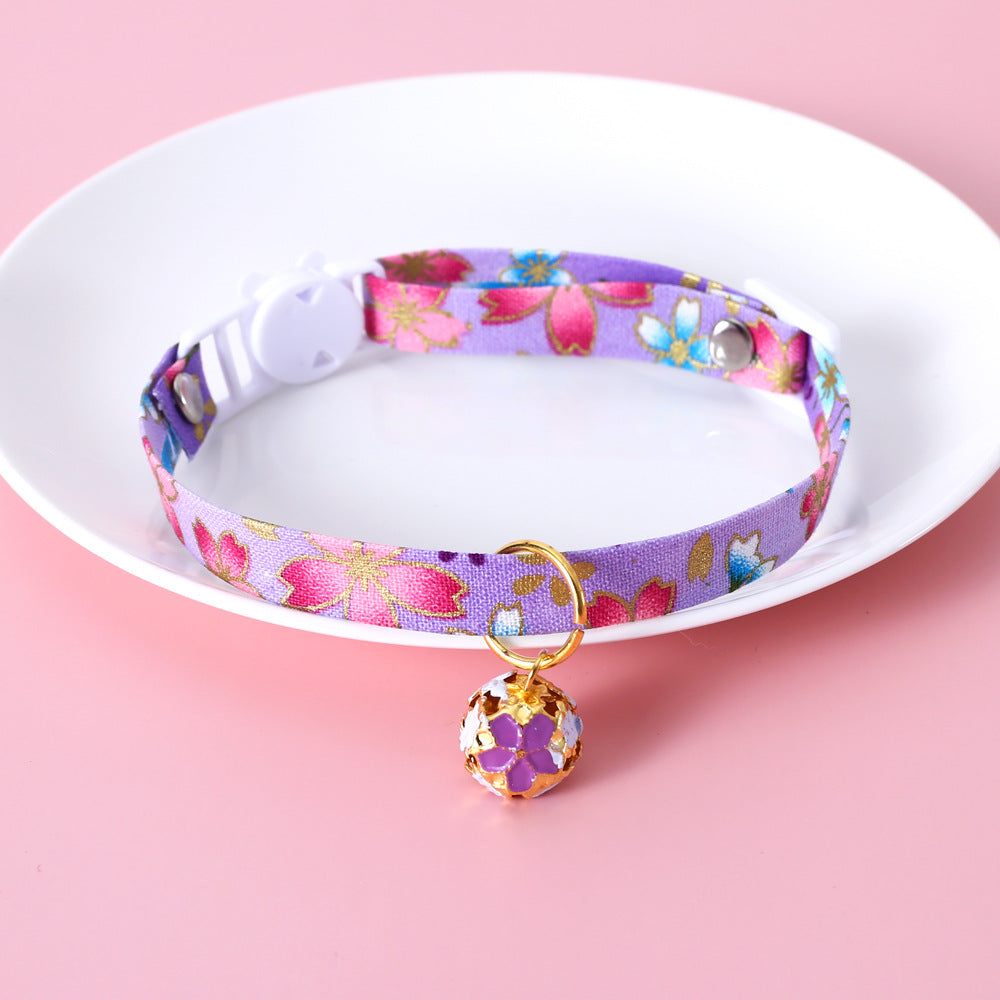 Wafu Style Cat Collar with Flower Charm Bell