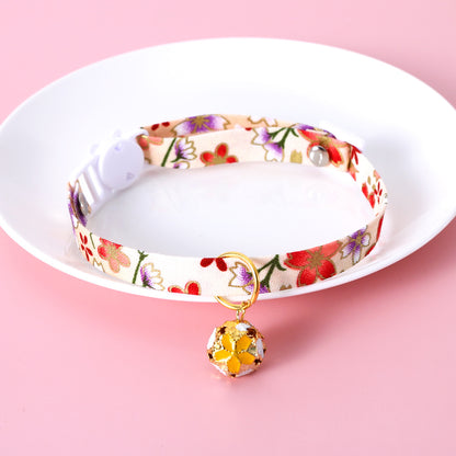 Wafu Style Cat Collar with Flower Charm Bell