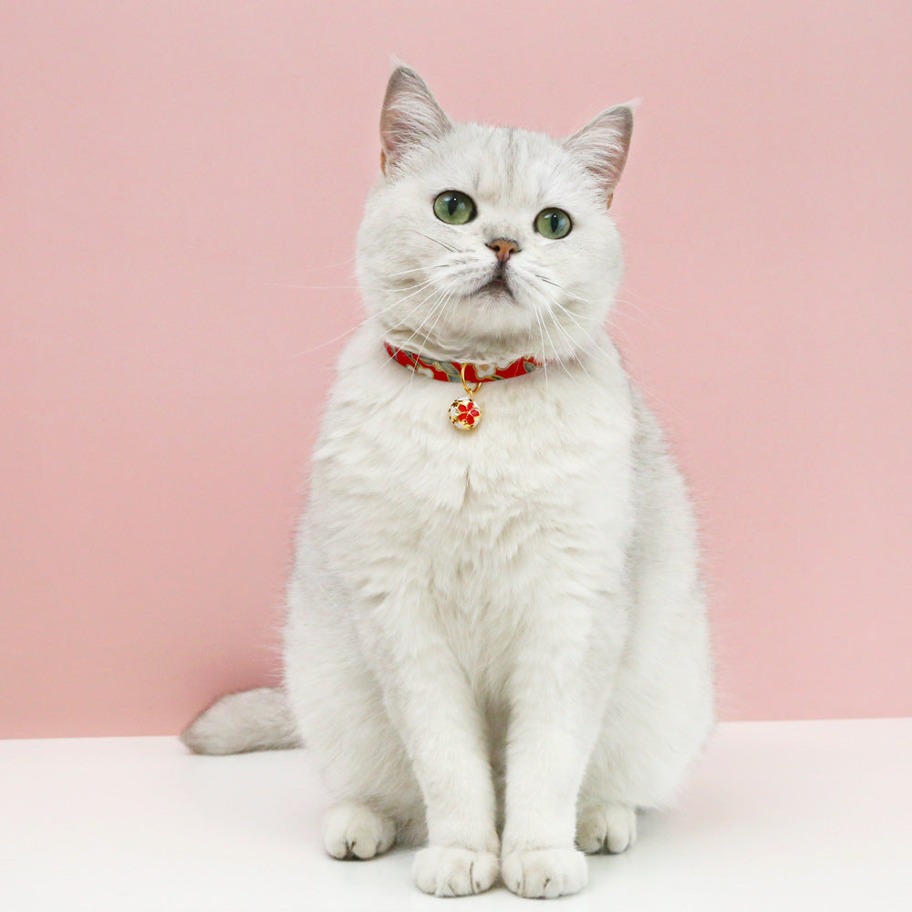Wafu Style Cat Collar with Flower Charm Bell