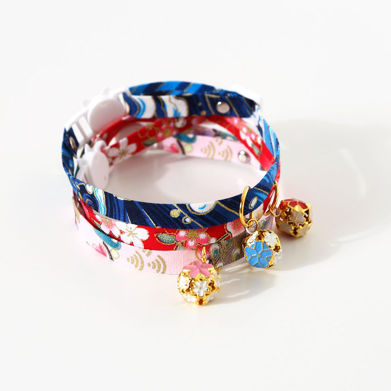 Wafu Style Cat Collar with Flower Charm Bell