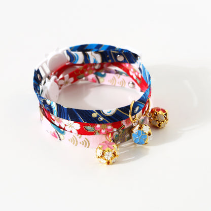 Wafu Style Cat Collar with Flower Charm Bell