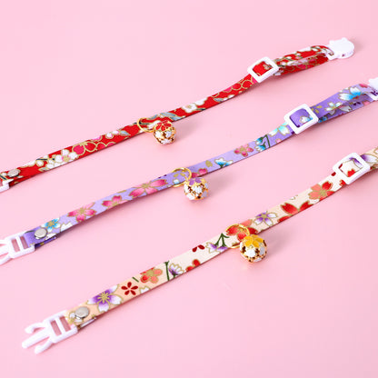 Wafu Style Cat Collar with Flower Charm Bell