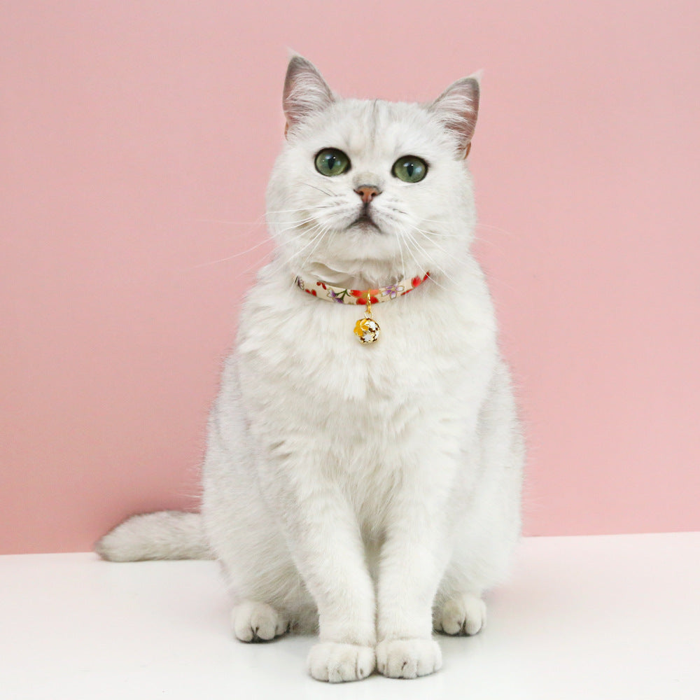 Wafu Style Cat Collar with Flower Charm Bell