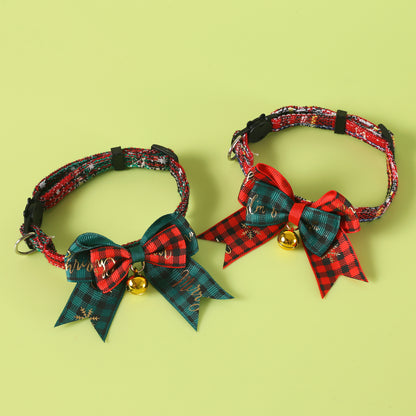 Pet Christmas Bow Tie Collar – Plaid Gold Foil with Bell (Breakaway Design)