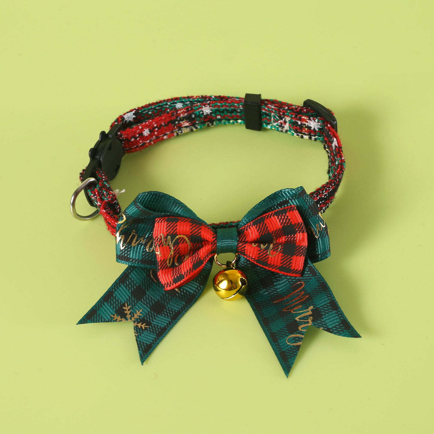 Pet Christmas Bow Tie Collar – Plaid Gold Foil with Bell (Breakaway Design)