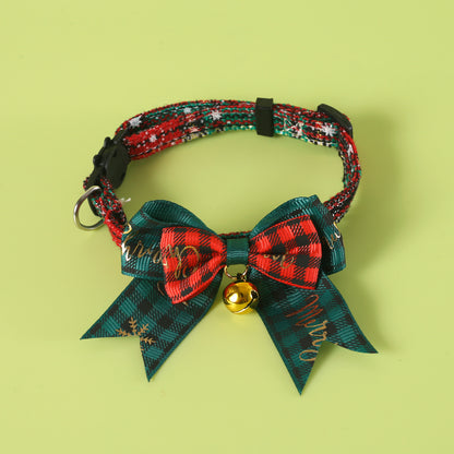 Pet Christmas Bow Tie Collar – Plaid Gold Foil with Bell (Breakaway Design)
