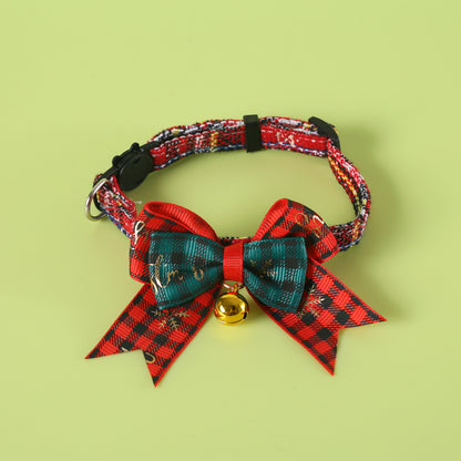 Pet Christmas Bow Tie Collar – Plaid Gold Foil with Bell (Breakaway Design)